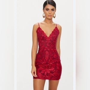 PrettyLittleThing Red Lace Mini Dress
